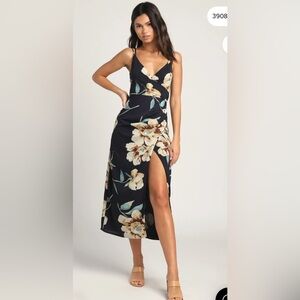 Lulus Draw You Close Navy Blue Floral Sleeveless Surplice Midi Dress